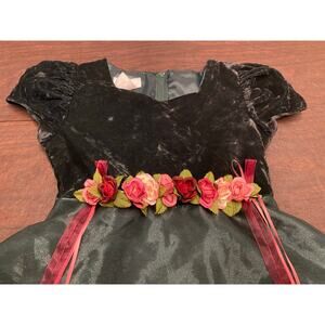 Vintage Bonnie Jean Girls Dress Green Velvet Sweetheart Neck Roses Ribbons Sze 8